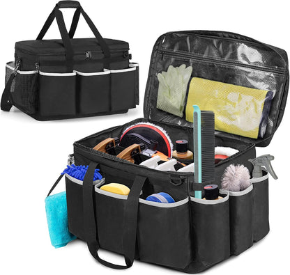 HODRANT Extra-Large Detailing Bag with Waterproof EVA Hard Bottom, Auto Detail Supplies Organizer for Polisher, Bottles & Detailing Kit, Car Care Tools Tote with Lid & Shoulder Strap, Patent Design