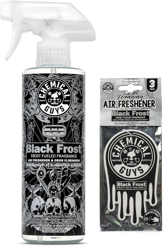 Chemical Guys New Car Scent Air Freshener and Odor Eliminator, 16 fl oz with 3 Pack of Hanging Air Fresheners (Great for Cars, Trucks, SUVs, RVs, Home, Office, Dorm Room & More) - HOL459