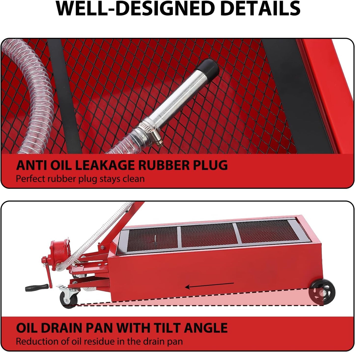 Garvee 20 gal Oil Drain Pan Oil Drain Tank, 76 L Low Profile Oil Drain Pan, Large Capacity Oil Change Pan with Manual Pump & T Foldable Hand and Wheels, 8 ft Hose Oil Drain Cart for Car, SUV, Trucks