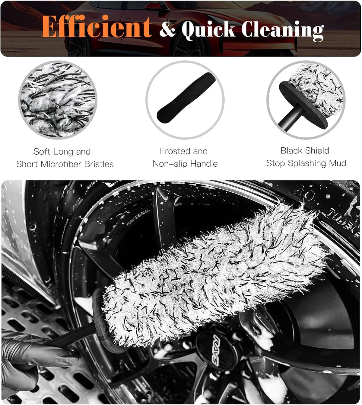 YeewayVeh 3PCS Quick Car Wheel Brush Kit, 2-Size 360° Bendale Rim Cleaner Brushes, Boars Hair Detailing Brush, Fast Scratch-Free Cleaning for Car Wheels, Motorcycle, Orange