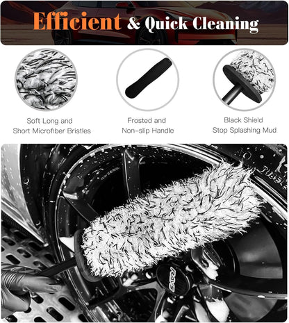 YeewayVeh 3PCS Quick Car Wheel Brush Kit, 2-Size 360° Bendale Rim Cleaner Brushes, Boars Hair Detailing Brush, Fast Scratch-Free Cleaning for Car Wheels, Motorcycle, Orange