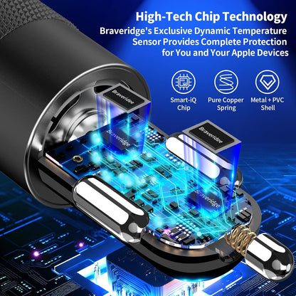 【MFi Certified】iPhone 17 Car Charger Fast Charging, Braveridge 75W USB C PD&QC Car Power Cigarette Lighter USB Charger with 6FT Type C Coiled Cable for iPhone 17/17 Pro Max/16/15/Galaxy S26/S25/Pixel