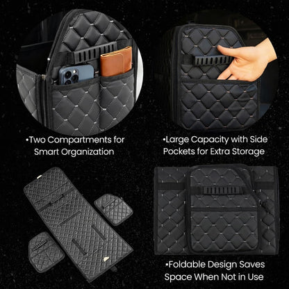 Leather Trunk Organizer with Lid for Suv and more, Foldable Car Organizer, Car Organizers and Storage with Pockets, Non-Slip Design (Black-Black)
