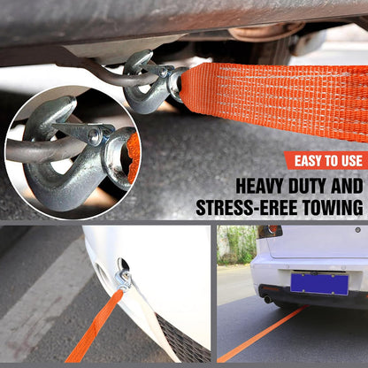 Tow Strap with Hooks 2”x20’ 15,000 LBS, Tow Rope Metal Safety Hooks, Car Heavy Duty Recovery Rope for Trailers, Securing Items, and Farm Cleaning