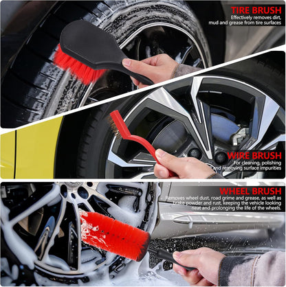 35Pcs Car Detailing Kit & Car Cleaning Kit – Windshield Tool, Long Wheel Brush & 2 Angled Brushes, 4 Polishing Pads & 4 Wax Pads – Red Tool Box – Gift for Men (B：35PCS-R)
