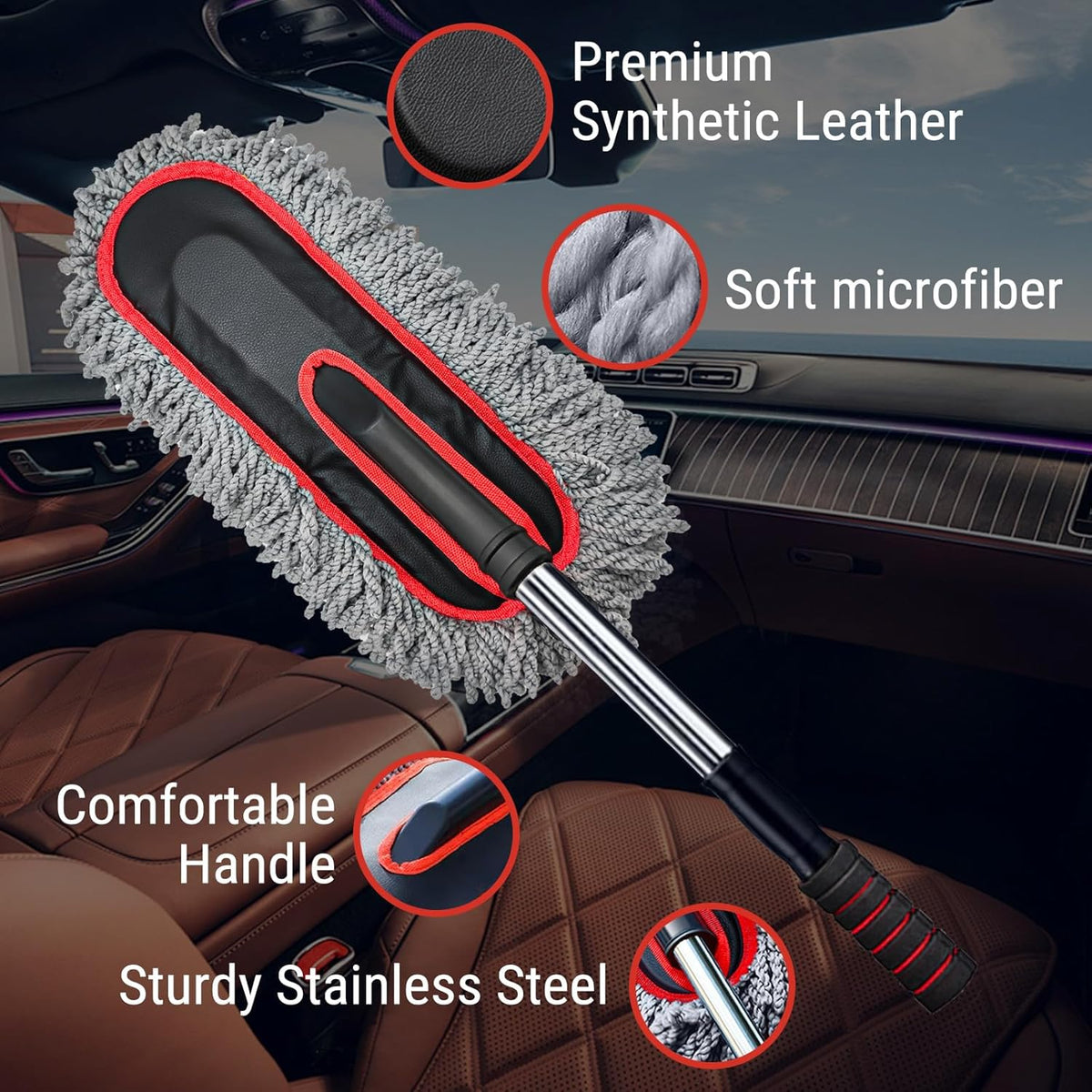 YeewayVeh Car Duster Exterior Scratch Free Microfiber Car Cleaning Brush, Extendable Handle Pollen and Dust Brush for Truck, SUV, Vehicles and Home Cleaning, Gray and Red