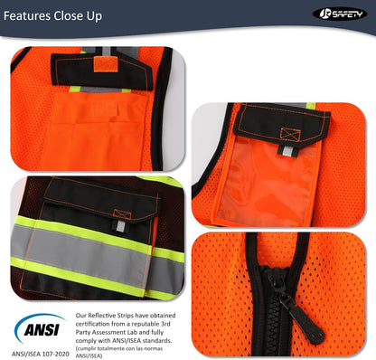 JKSafety Hi Vis Reflective Safety Vests for Men Women High Visibility Vest with Pockets Mesh Fabric Construction Safety Apparel Neon Vest for Work (220-Black L)