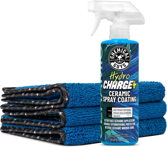 Chemical Guys Hydro Charge Ceramic Spray Coating 16 Fl Oz, with Monster Extreme Microfiber Towels (3 Pack) High Gloss Paint Protection Spray with Thick Plush Towels for Car Wash Drying and Detailing