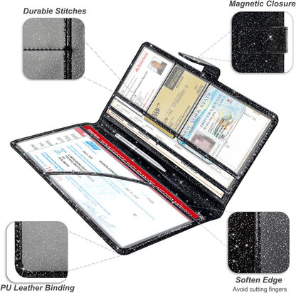 RSAquar Car Registration and Insurance Holder, Vehicle Glove Box Organizer Cool Car Accessories, Auto Truck Document Holder for Cards, Driver License, Black Glitter