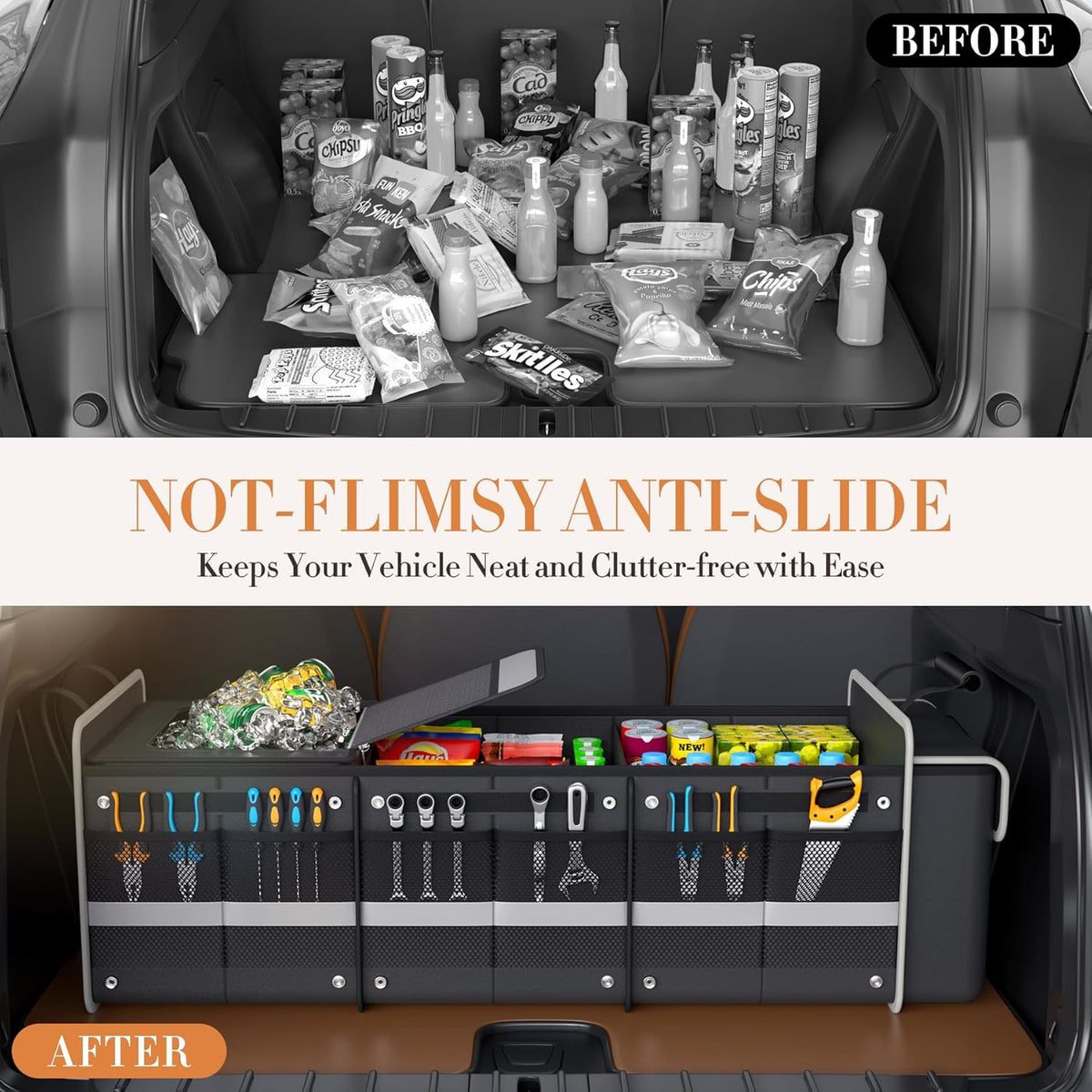 titiyiof Trunk Organizer For Suv & Sedan,Car Organizers and Storage, Waterproof Collapsible & Adjustable Straps,Sturdy Car Organization for Car Accessories, Tools,Food，Sundries,2-3 Compartment（Beige）