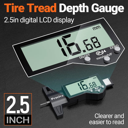 Preciva Tire Tread Depth Gauge, Digital Tire Depth Gauge with Large LCD Display and Inches, Millimeters, Fraction Conversion, Tread Depth Gauge Suitable for Thread Depth, Brake Shoe and Pad Wear