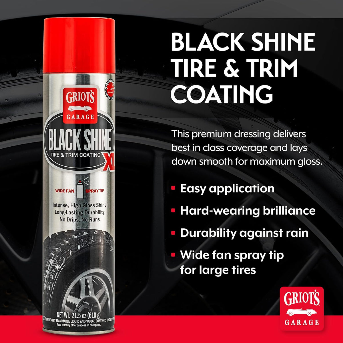 Griot's Garage Black Shine Tire and Trim Coating, Water-Resistant Dressing, Provides a High-Gloss Finish, Rain, and UV Protection, 10938, 15oz