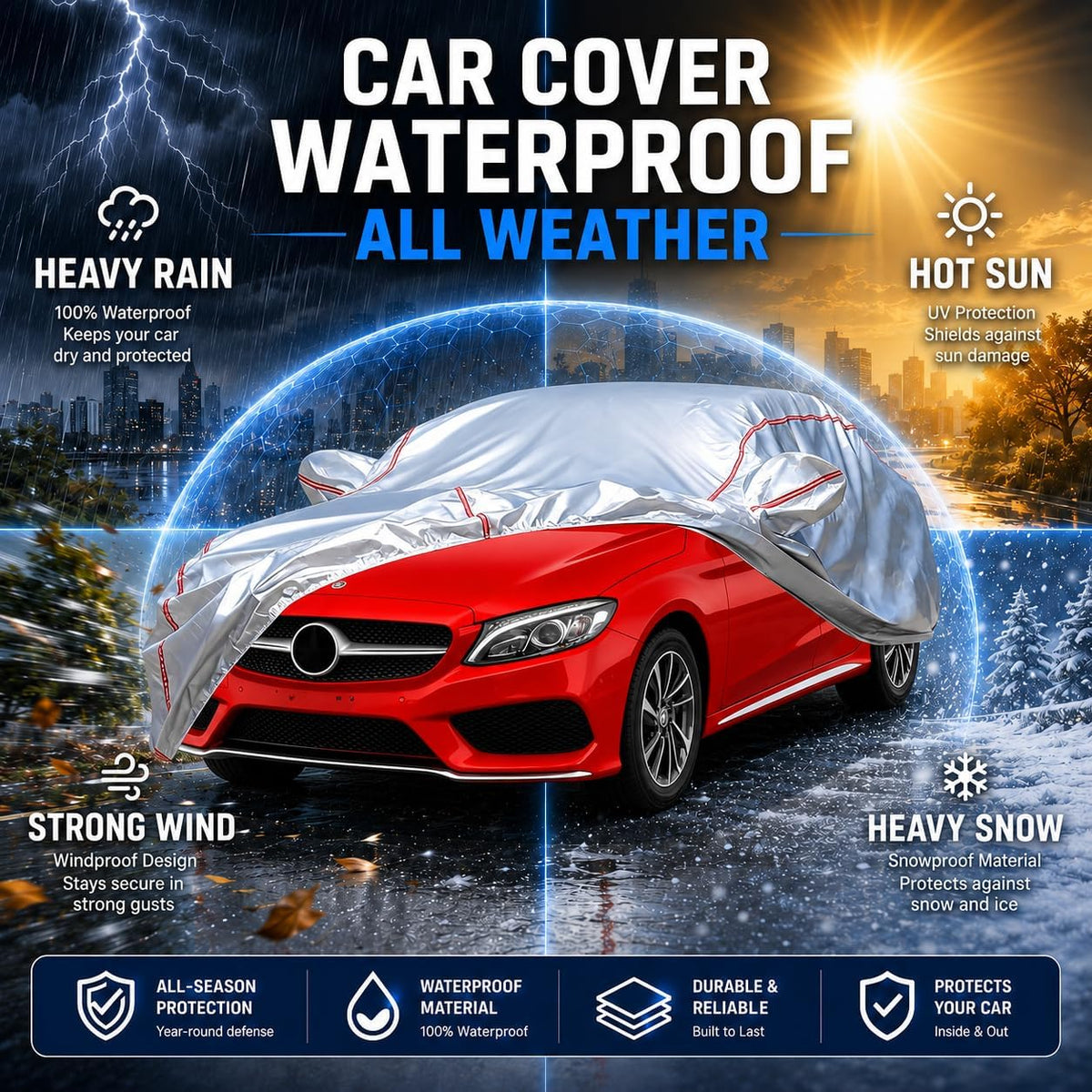 Car Cover for Sedan, Waterproof All Weather Heavy Duty, 360° Underbody Wrap Windproof Design, Quick Install Outdoor Vehicle Cover, Fits 186-193 in