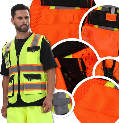 JKSafety Hi Vis Reflective Safety Vests for Men Women High Visibility Vest with Pockets Mesh Fabric Construction Safety Apparel Neon Vest for Work (220-Black L)