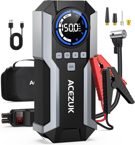 Jump Starter with Air Compressor, 8000A 150PSI Car Jump Starter (All Gas/12.0L Diesel), 12V Battery Jump Starters, Portable Jumper Cables, LCD Display and LED Lights