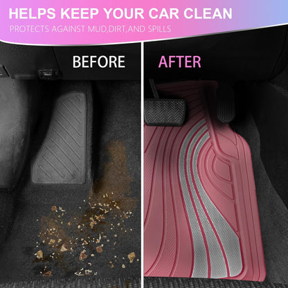 Road Comforts Car Floor Mats Full Set – Front & Rear Car Floor Mats with Aluminum Design, Anti-Slip Backing, All-Weather Protection, Trim-to-Fit Car Mats for Most Sedans, SUVs & Vans -All Pink