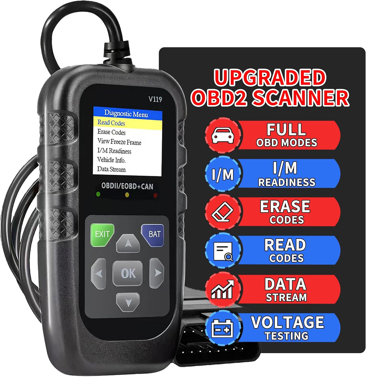 Car OBD2 Scanner Diagnostic Tool, Code Reader, Voltage Tester, Check Engine Light Fault Code, OBD2/EOBD for OBDII Protocol Car & Truck Since 1996+