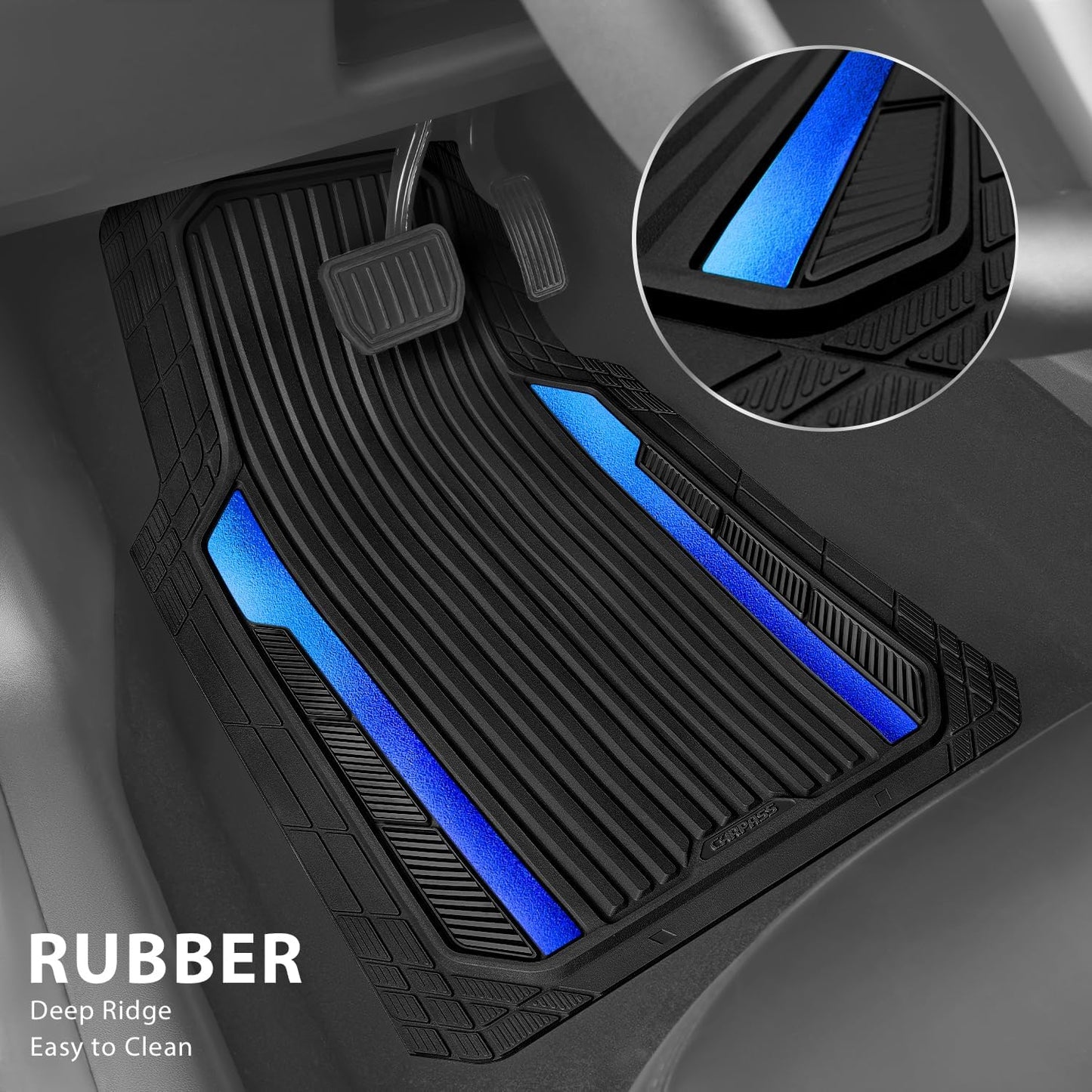 CAR PASS Heavy Duty Rubber Car Mats Metallic, Aluminum Film All Weather Floor Mats Waterproof Universal Trim to Fit Automotive SUV Sedan Van 4 Piece Anodized Deep Dish Two-Tone Sporty Black Red Chrome