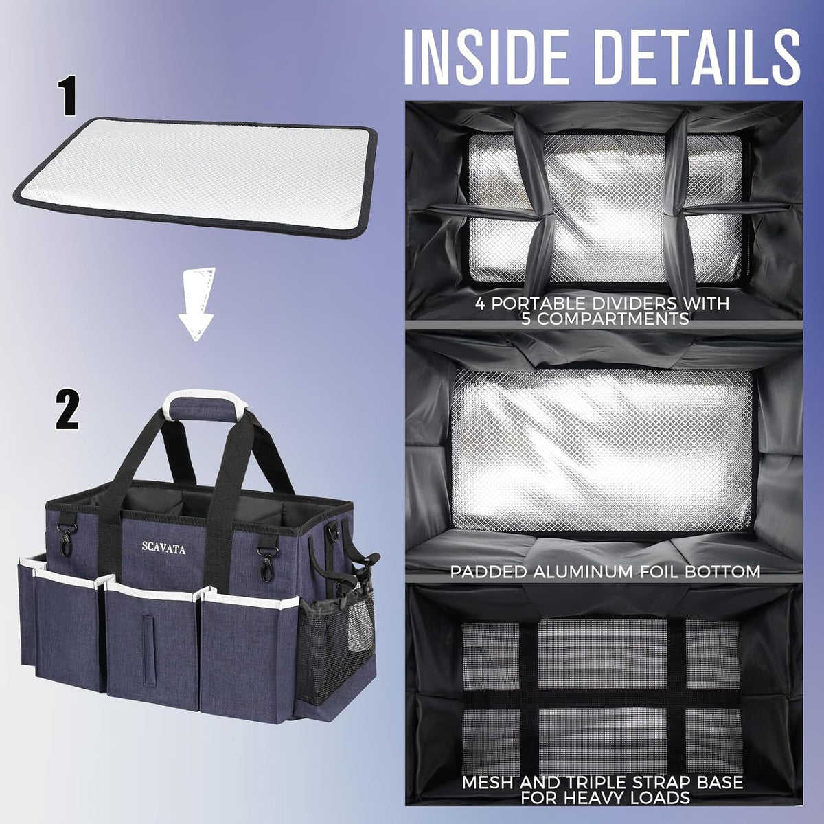 SCAVATA Wearable Cleaning Caddy Bag, Supplies Organizer with Handle & Shoulder Straps for Housekeepers, Under Sink & Car Cleaning Tool Organizer with 4 Foldable Dividers (Black)