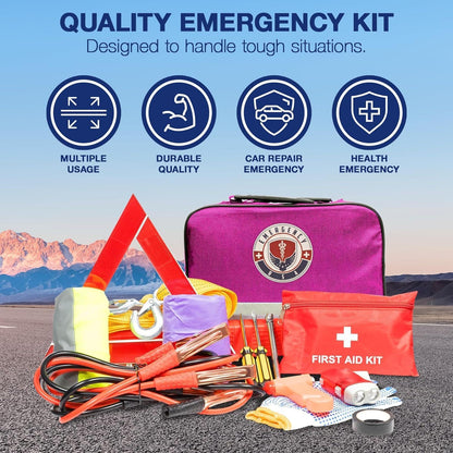Roadside Car Emergency Kit - First Aid Set, Jumper Cables, Tow Strap, LED Flash Light, Rain Coat, Tire Pressure Gauge, Safety Vest and More (Black)