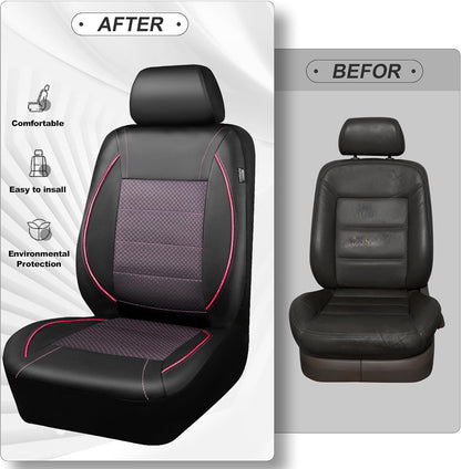 CAR PASS Universal FIT Piping Leather Two Front Seat Covers, Waterproof Faux Leather for SUV Sedan Van Truck, Airbag Compatible,Reserved Opening Holes for Headrest Covers. (Black red)