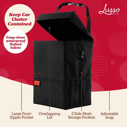 Lusso Gear Spill-Proof Car Trash Can - Easy to Clean Hanging Garbage Bin - Leak-Proof Lid, Removable Liner, Waterproof - Keeps Truck, SUV, Car, Minivan Clean & Odor Free - 2.5 Gallon Tan Car Trash Can