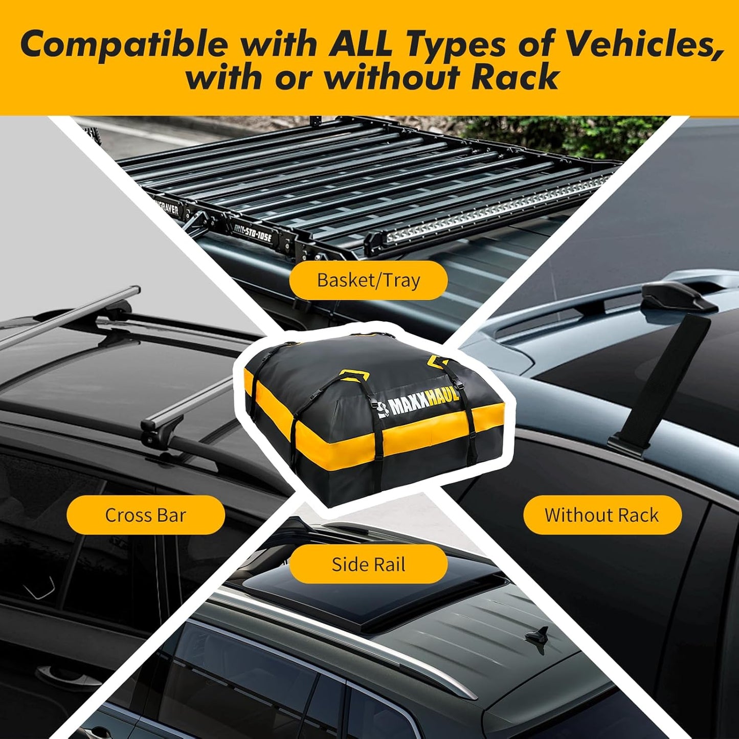 MaxxHaul Rooftop Cargo Bag 15 Cu Ft - Waterproof Universal Car Roof Carrier with Luggage Lock - No Rack Needed - Anti-Slip Mat - 100 lb Capacity - for Cars & SUV's (50719)