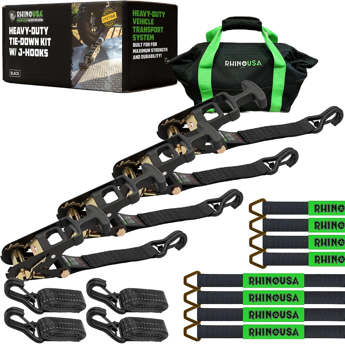 Rhino USA Car Tie Down Straps for Trailers with J Hooks (4-Pack) – 2" x8' (10,000lb Break Strength) – Heavy Duty Car Hauler Tire Straps with Axle Straps for UTV, Powersports & More – Black