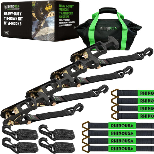 Rhino USA Car Tie Down Straps for Trailers with J Hooks (4-Pack) – 2" x8' (10,000lb Break Strength) – Heavy Duty Car Hauler Tire Straps with Axle Straps for UTV, Powersports & More – Black
