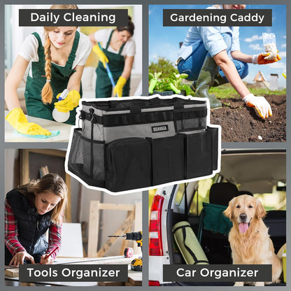 SCAVATA Wearable Cleaning Caddy Bag, Supplies Organizer with Handle & Shoulder Straps for Housekeepers, Under Sink & Car Cleaning Tool Organizer with 4 Foldable Dividers (Black)
