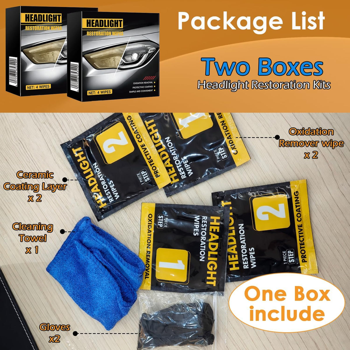Car Headlight Restoration Kit, 2-Step Headlight Cleaner with Oxidation Removal & Ceramic Coating Wipes, Removes Oxide & Yellowing Restore Clarity, Headlight Polish Restorer Kit
