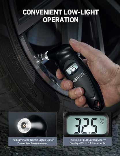 AstroAI Digital Tire Pressure Gauge 200 PSI, Industrial Tire Gauge Calibrated to ANSI B40.7 Grade 2A (±0.5%), AAA Batteries, for Light Trucks, Pickup Trucks, SUVs, Cars (Black)