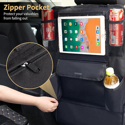 LUCMO Car Backseat Organizer with Tablet Holder,6 Storage Pockets Car Storage Organizer with Foldable Food Tray,Protectors Kick Mats Travel Accessories-Black