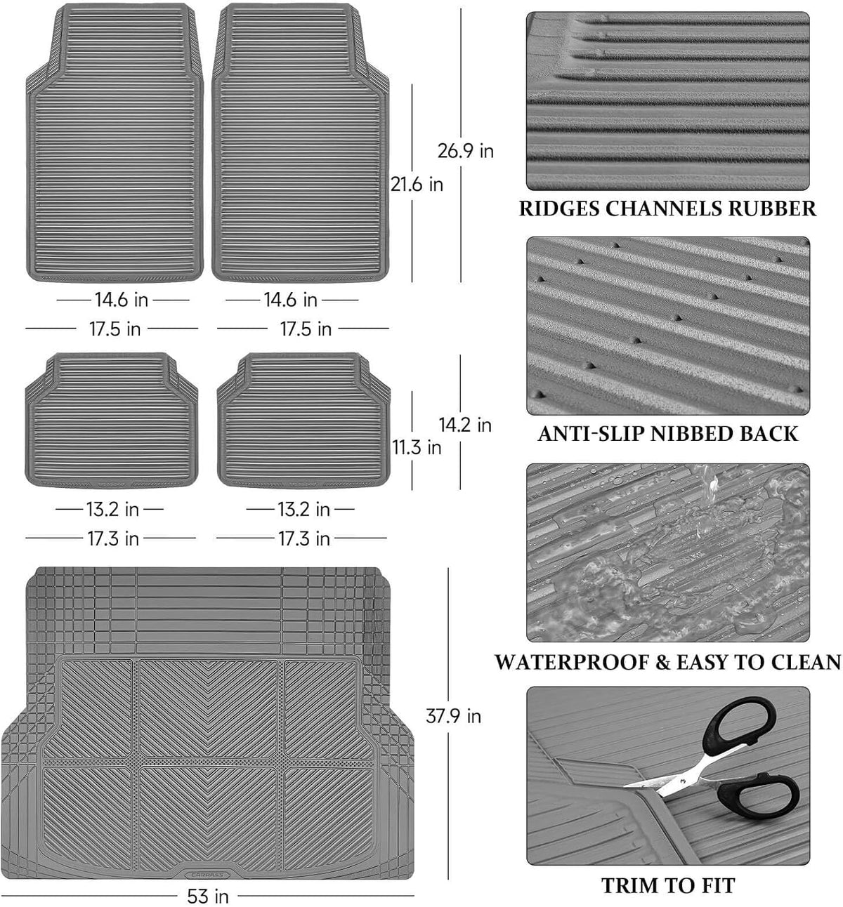 CAR PASS Rubber Floor Mats, All Weather Full Set 4-Piece, Waterproof Automotive Mats Trim to Fit Most Cars Sedans SUVs Vans, Heavy Duty Anti-Slip Easy Clean, All Black