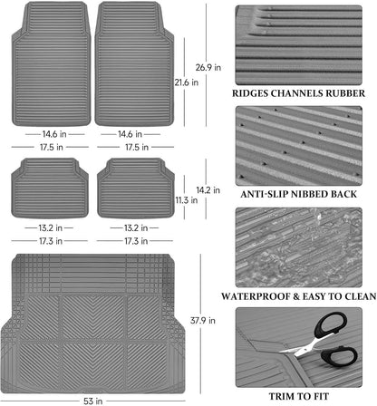 CAR PASS Rubber Floor Mats, All Weather Full Set 4-Piece, Waterproof Automotive Mats Trim to Fit Most Cars Sedans SUVs Vans, Heavy Duty Anti-Slip Easy Clean, All Black