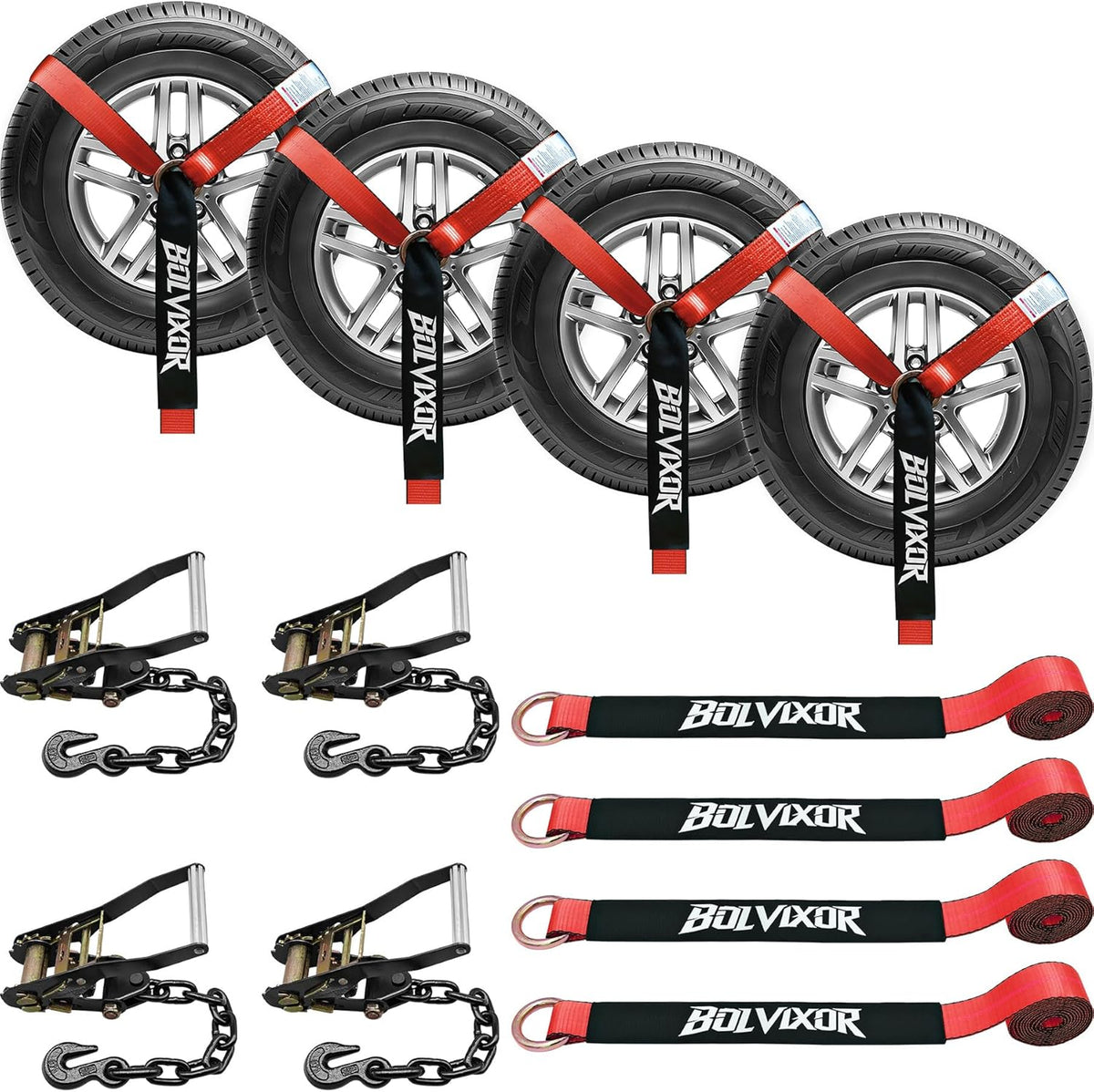 4 Pack Car Tie Down Straps for Trailers - 2" x 96" - 9900LBS Break Strength - Tire Ratchet Straps with Heavy Duty Chain Anchors for Hauling UTV, SUV, Truck, Any Cars