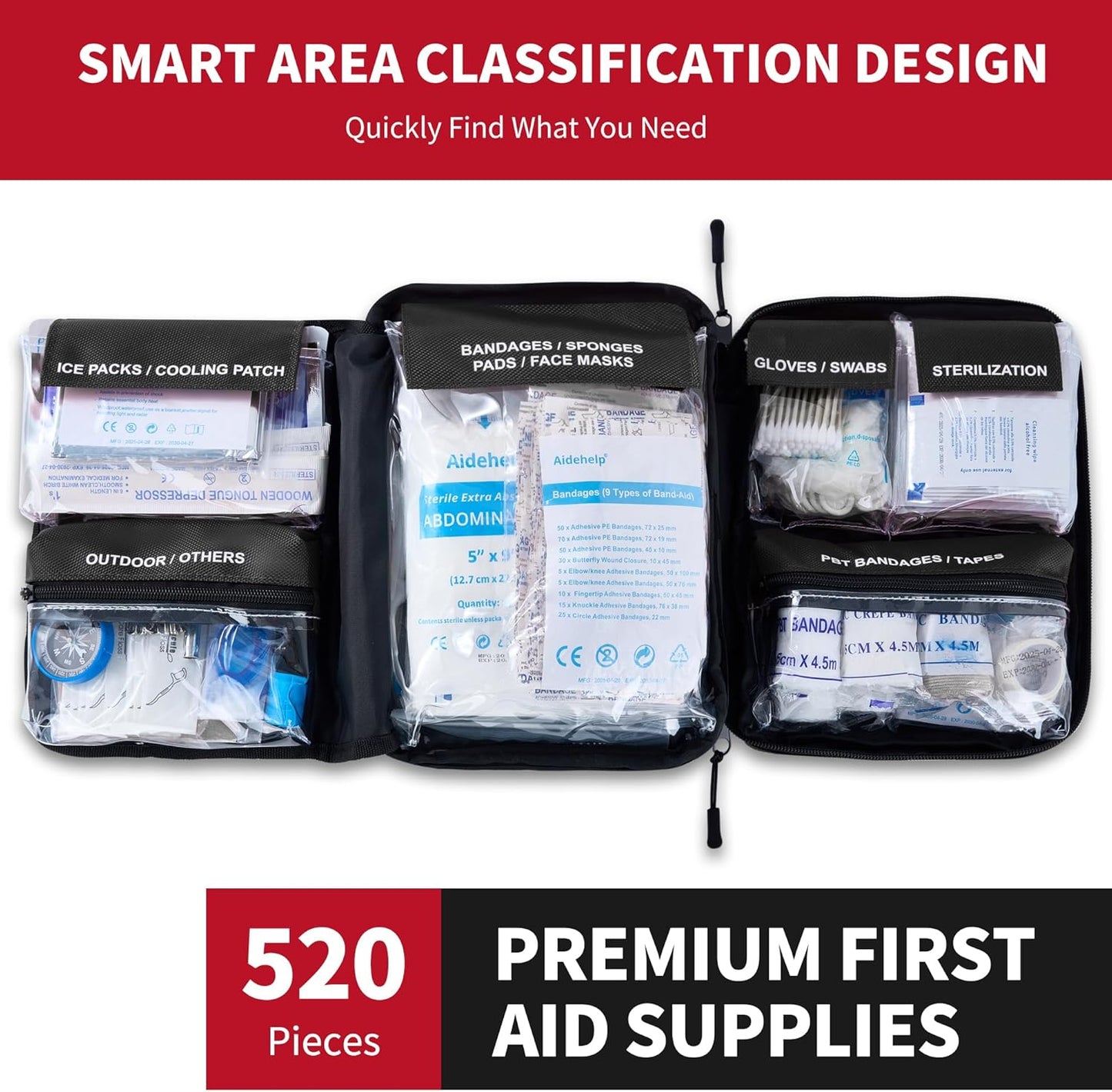 520 Pieces Premium First Aid Kit - Large Emergency Medical Kit for Survival, Car, Home, Travel, Camping, Backpack, Hiking, School (Red)