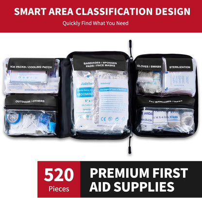 520 Pieces Premium First Aid Kit - Large Emergency Medical Kit for Survival, Car, Home, Travel, Camping, Backpack, Hiking, School (Red)