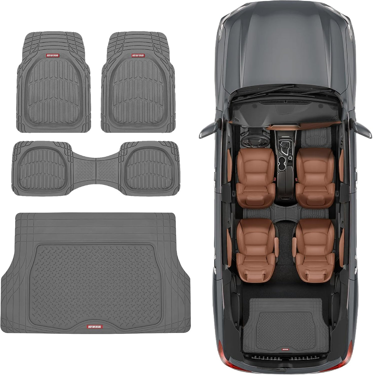 Motor Trend FlexTough 4-Piece Heavy Duty Floor Mats for Cars Trucks SUVs, Automotive Floor Mats Car Mats Full Set Front, Rear & Cargo, Trim-To-Fit Semi-Custom Deep Dish All Weather Rubber Mats - Black
