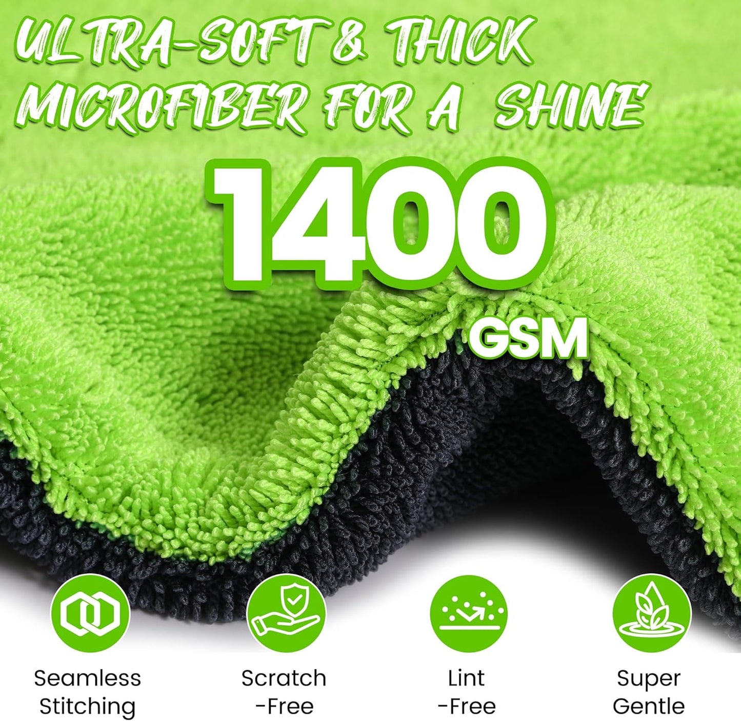 PUGPIU Microfiber Car Drying Towel Extra Large Super Absorbent 48"X24", 1400 GSM Flash Detail Car Wash Drying Towel Edgeless with Two Sided Soft Twisted-Loop, No Water Spots Streaks for Cars (Green)