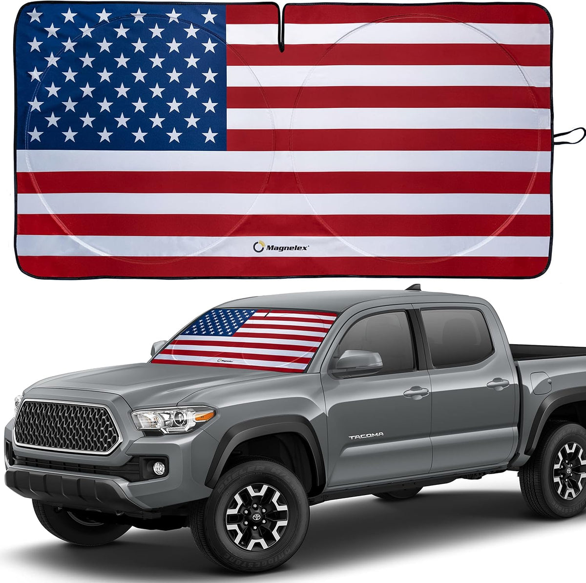 American Flag Windshield Sun Shade, High-Resolution Car Shield with Mirror Cut-Out for Automotive Interior Protection Heat Reduction, Folding Sunshade Storage Bag - Medium, Original