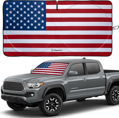 American Flag Windshield Sun Shade, High-Resolution Car Shield with Mirror Cut-Out for Automotive Interior Protection Heat Reduction, Folding Sunshade Storage Bag - Medium, Original