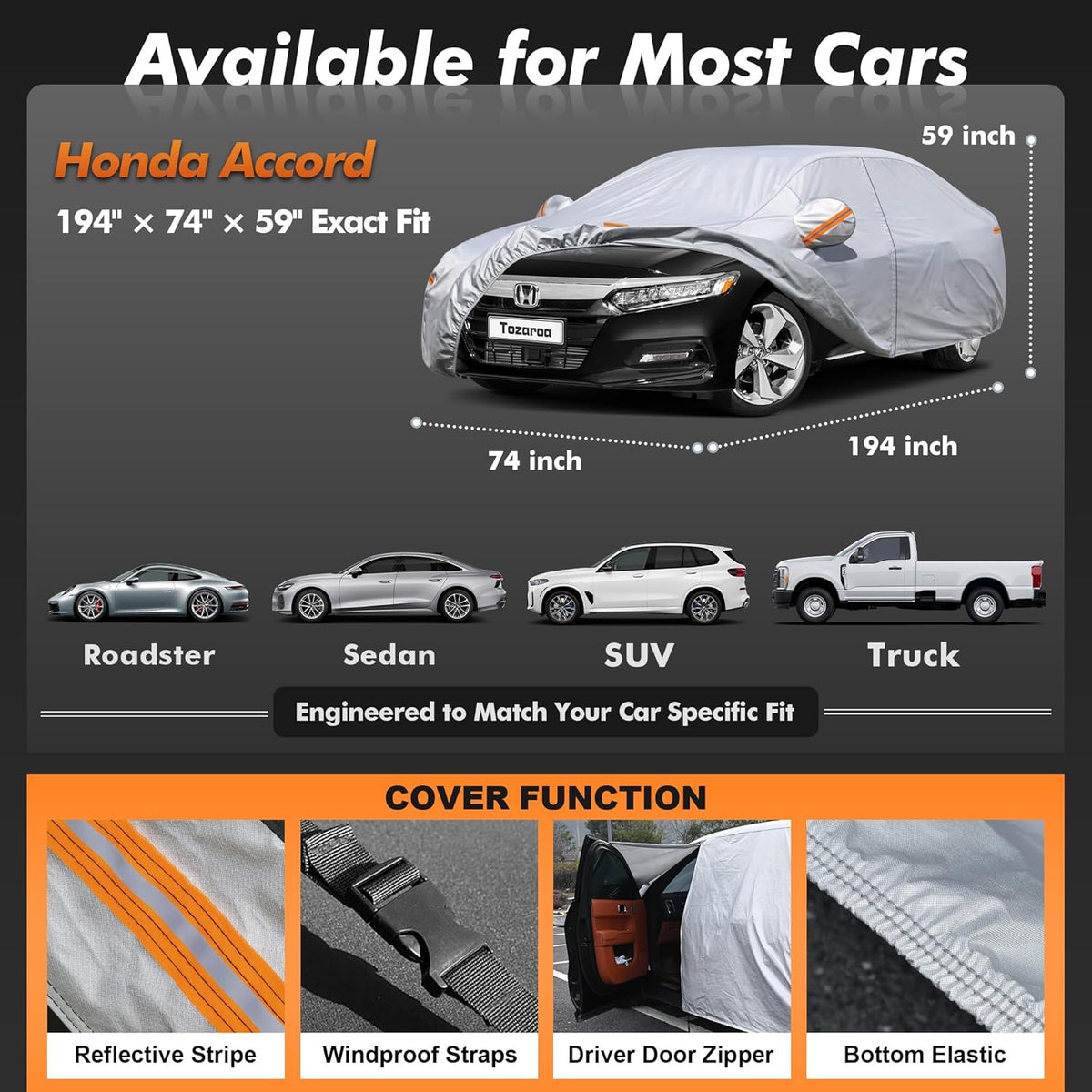 Car Cover Waterproof All-Weather,Heavy-Duty Outdoor Full Exterior Automobiles Sedan/Coupe (Length 186-193 inch) with Windshield Sun Shade Universal Fit Toyota Camry, Tesla Model 3, Accord etc