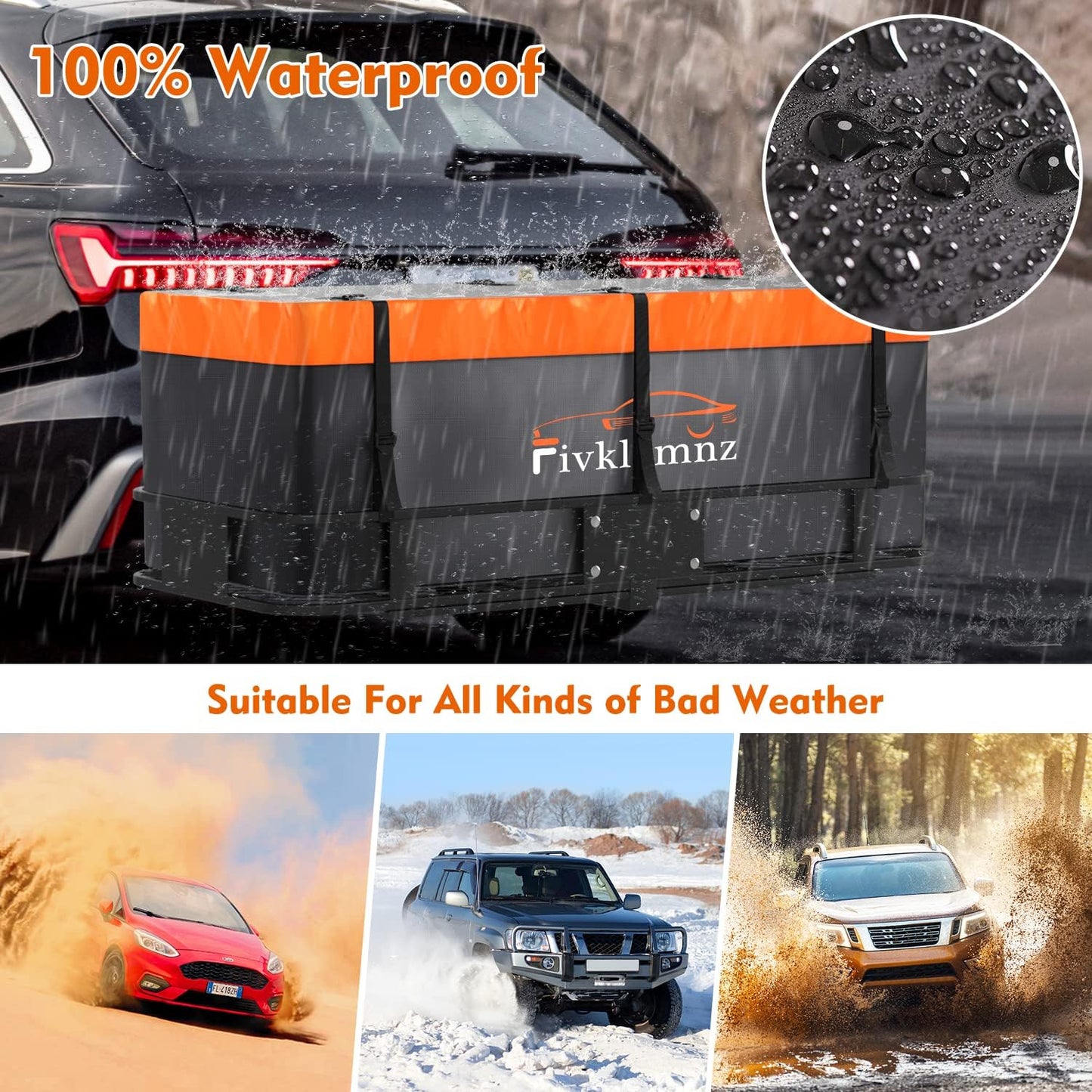 FIVKLEMNZ Car Rooftop Cargo Carrier Roof Bag Waterproof for All Top of Vehicle with/Without Rack Includes Topper Anti-Slip Mat + Reinforced Straps + 6 Door Hooks + Luggage Lock