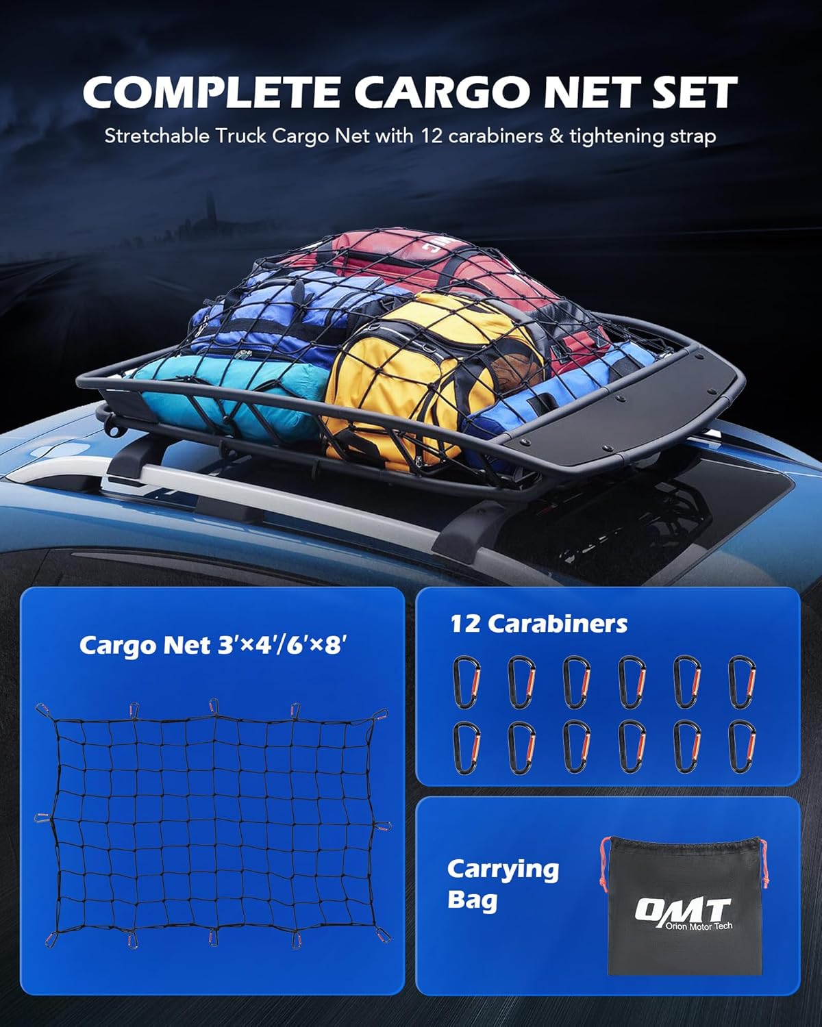 Orion Motor Tech 2'x3' Small Cargo Net with 2"x2" Small Mesh, 4x6 Foot Max Size Cargo Net for SUV Roof Rack Cargo Basket Net with Locking Carabiners, Ratchet Strap, Roof Rack Net