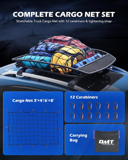 Orion Motor Tech 2'x3' Small Cargo Net with 2"x2" Small Mesh, 4x6 Foot Max Size Cargo Net for SUV Roof Rack Cargo Basket Net with Locking Carabiners, Ratchet Strap, Roof Rack Net