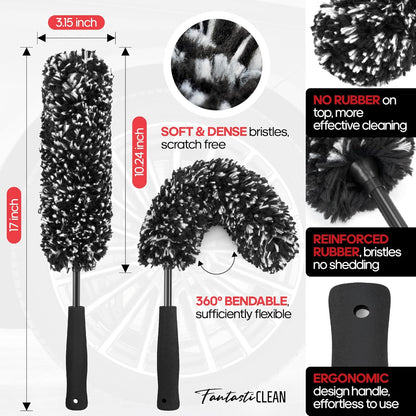 Fantasticlean 7PCS Car Wheel Brush Kit, Tire Brush for Car Owners & Auto Detailers, Soft-bristled Rim Brush, Flat Wheel Brush, Double-Ended Detailing Brush and Pads for Home Shop, Cars Trucks RVs