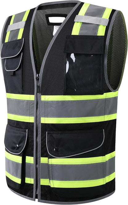 JKSafety 9 Pockets Class 2 High Visibility Zipper Front Safety Vest With Reflective Strips,Meets ANSI/ISEA Standard (Large, 150-Yellow) - Colors A