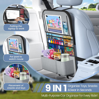 Car Backseat Organizer with table Tray(1Pack) 9 Storage Pockets Backseat Car Organizer with Tablet Holder, Back seat Organizer for Kids Road Trip Essentials Travel