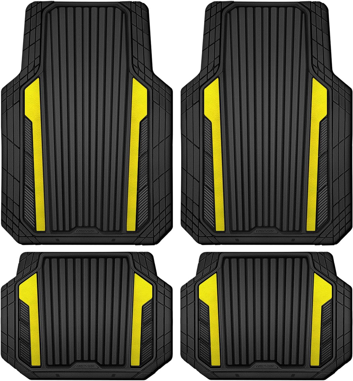 CAR PASS Heavy Duty Rubber Car Mats Metallic, Aluminum Film All Weather Floor Mats Waterproof Universal Trim to Fit Automotive SUV Sedan Van 4 Piece Anodized Deep Dish Two-Tone Sporty Black Red Chrome